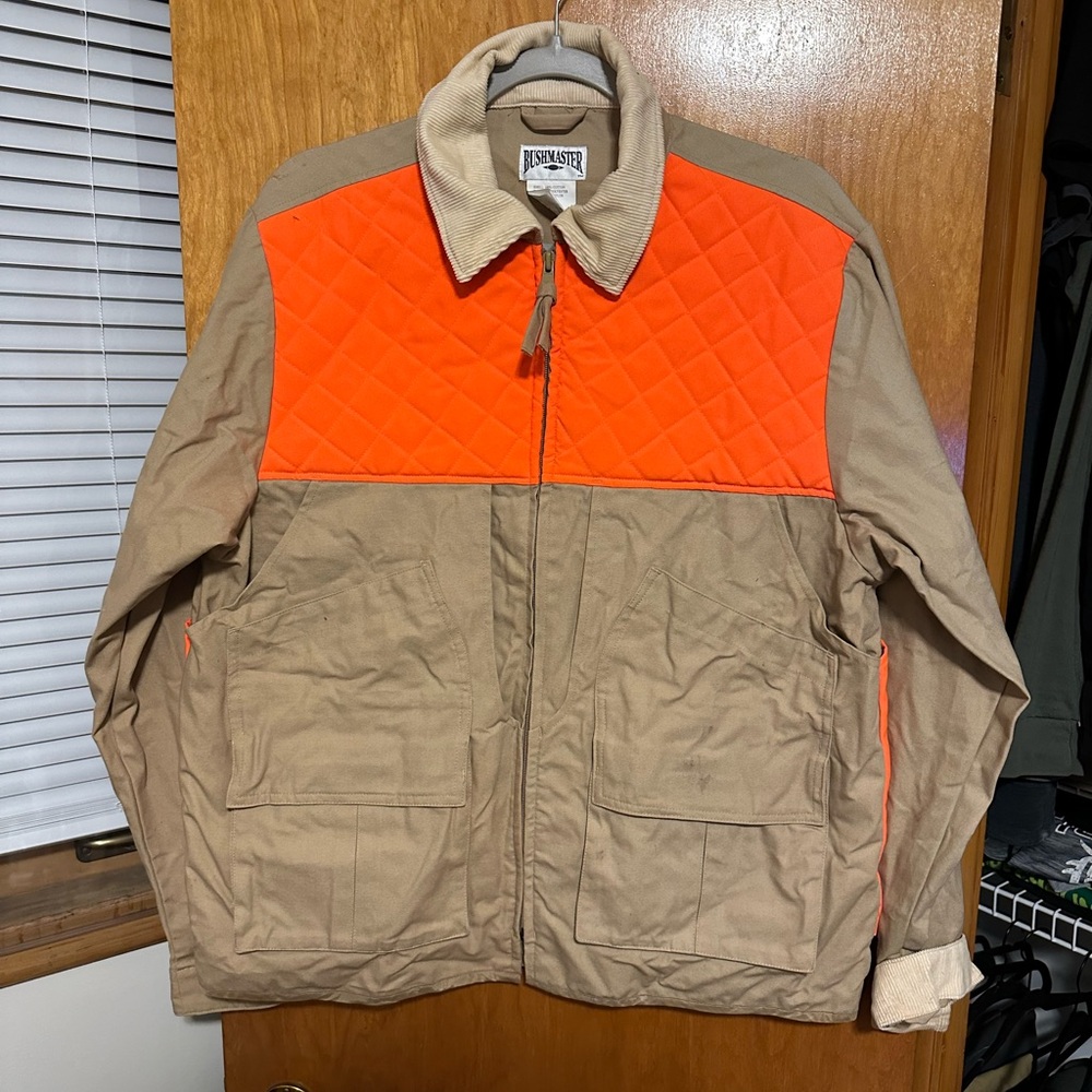 BUSHMASTER MEN'S HUNTING JACKET COAT TAN ORANGE CORDUROY COLLAR, POCKETS ZIP